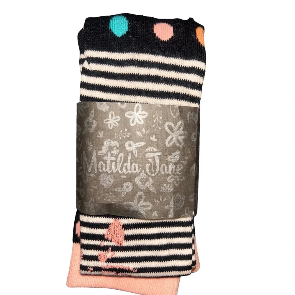 Matilda Jane Girls Socks Size 2 Black White Striped Polka Dot Cotton Blend NWT